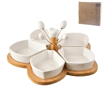Portion bowl + skewer + bamboo serving tray. WHITELINE set