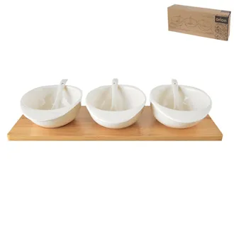 Portion bowl + spoon+bamboo serving tray. WHITELINE set