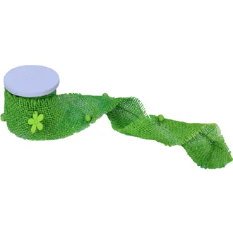 Ribbon jute with beads and flowers, green X0032