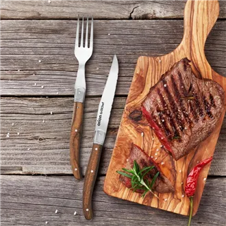 Steak Knife + Fork set stainless steel / wood O0077