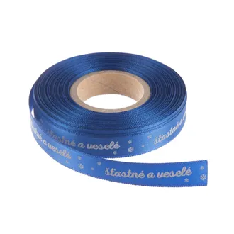 Polyester Christmas ribbon Happy and Merry 25 m blue